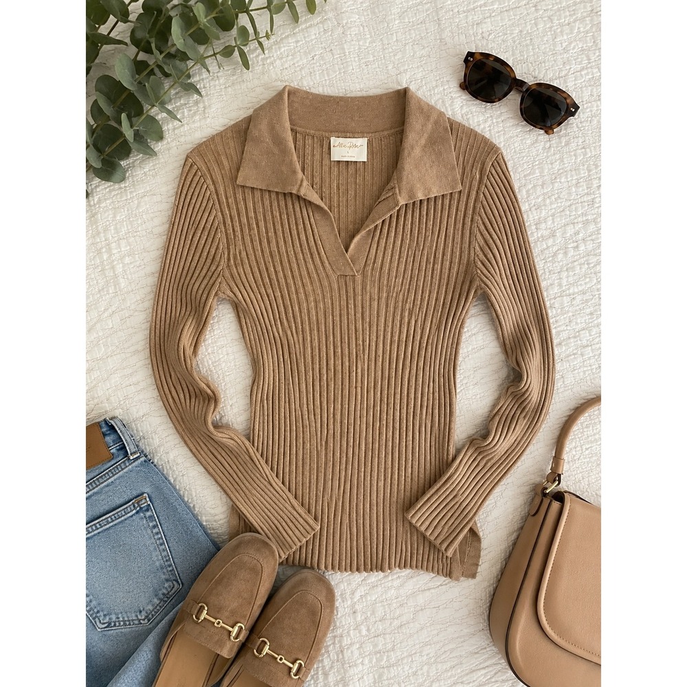 Allie Rose Ribbed Knit Collared Sweater Tan Camel Long Sleeve Stretch Top L